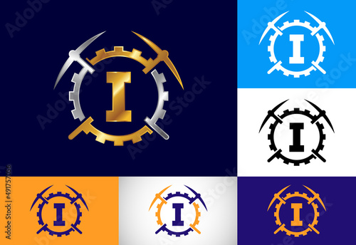 Initial I monogram letter alphabet with pickaxe and gear sign. Mining logo design concept. Modern vector logo for mining business and company identity.