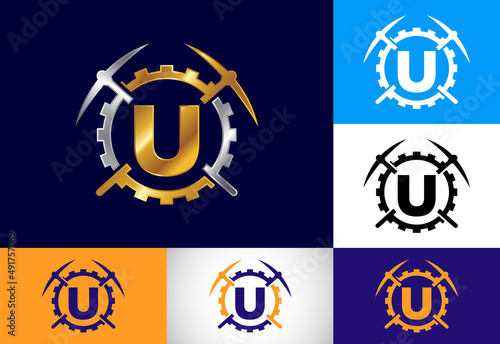 Initial U monogram letter alphabet with pickaxe and gear sign. Mining logo design concept. Modern vector logo for mining business and company identity.