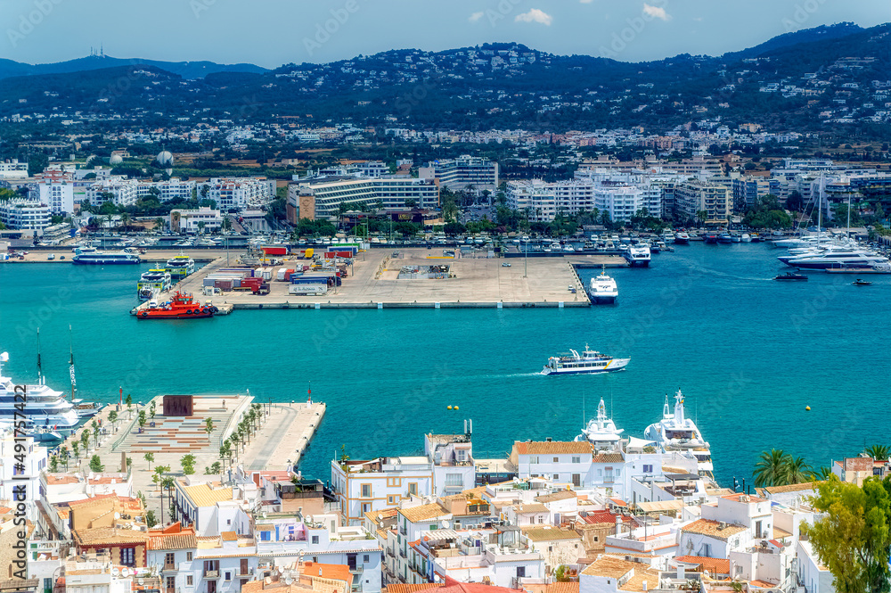 Aerial view from the top of the hill over Old Town and Port of Ibiza, Spain.