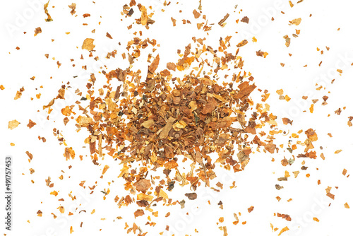 Pile of dried smoking tobacco isolated on a white background, top view.