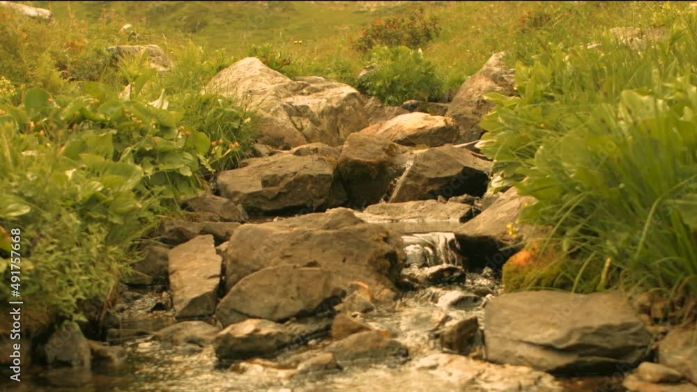 Rocky Mountains, Green Meadows, Mountain Waterfalls, Summer, Sunny Day Rocky Mountains, Green Meadows, Mountain Waterfalls, Summer, Sunny Day