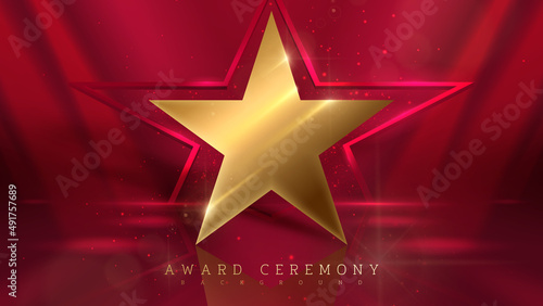 3d golden star with light ray effect element and glitter glow decoration. award ceremony background.