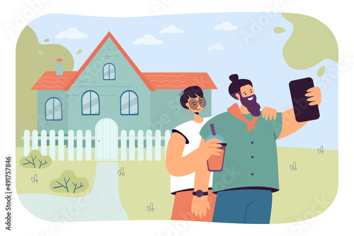 Happy couple taking photo in background of new house. Man and woman celebrating moving into new home flat vector illustration. Real estate concept for banner, website design or landing web page