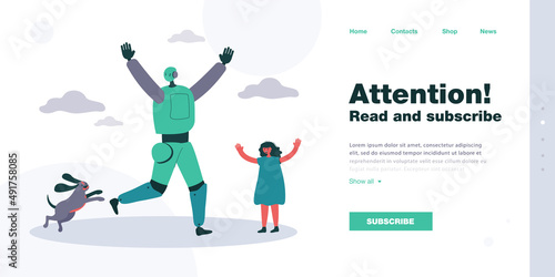 Robot, dog and girl having fun on lawn flat vector illustration. Outdoor activity, cyborg, technology and artificial intelligence concept for banner, website design or landing web page