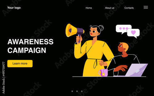 Awareness campaign banner. Concept of brand marketing, advertising, company pr announce. Vector landing page with flat illustration of woman with megaphone and man with laptop