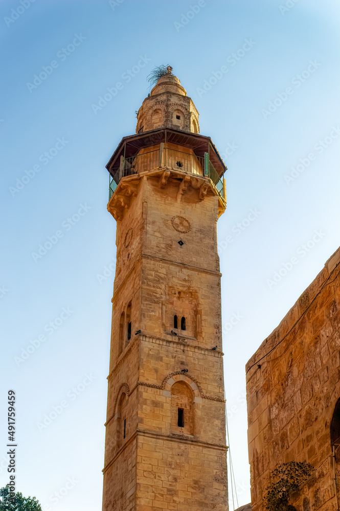 The old mosque minaret inside the Old Town of Jerusalem, Israel. 