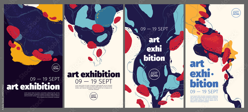 Art exhibition posters with abstract painting design. Vector vertical banners, invitation flyers to museum or gallery with trendy creative background with colorful paint blobs and hand drawn shapes - obrazy, fototapety, plakaty 