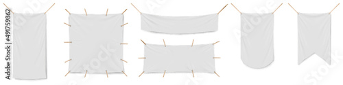 Blank white vinyl banners, flags and pennants template. Mockup of empty fabric advertising posters. Vector realistic set of horizontal and vertical canvas streamers and pennons hanging with ropes