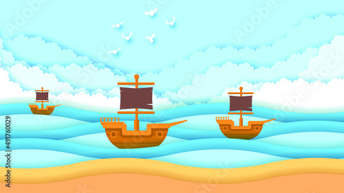 Abstract Paper Cut Ocean Sea Background Vector With Wave Paper Pirate Ships Clouds Birds Design Style Landscape