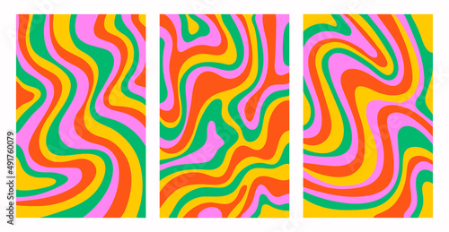 Retro set colorful psychedelic vertical backgrounds in style 70s, 80s. Trendy abstract hand drawn waves. Vector illustration	