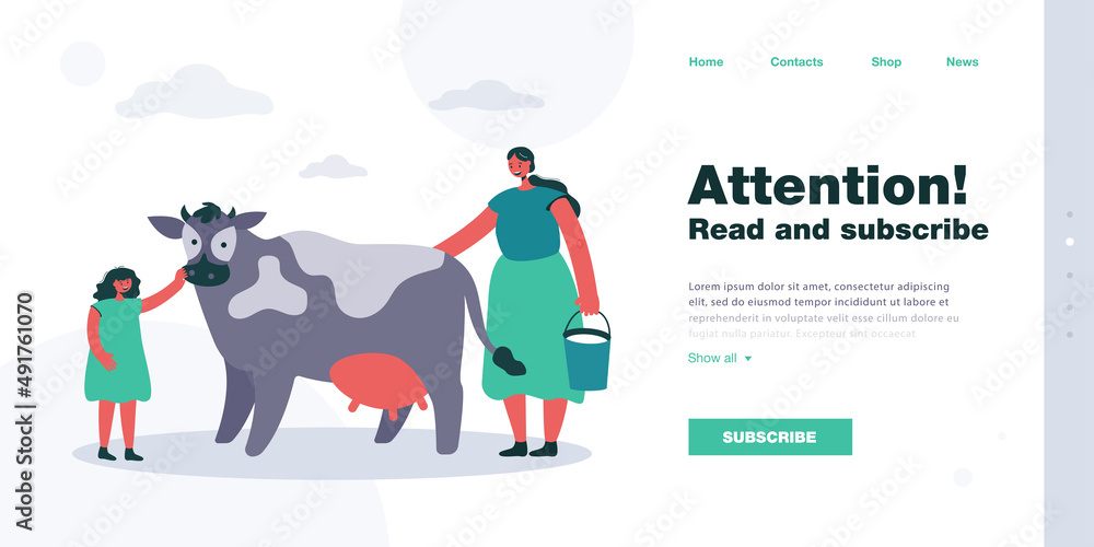 Fototapeta premium Mother and daughter milking cow. Woman with bucket of milk, girl stroking domestic animal with udder flat vector illustration. Agriculture, dairy concept for banner, website design or landing web page