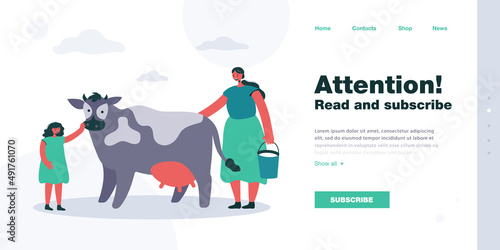 Mother and daughter milking cow. Woman with bucket of milk, girl stroking domestic animal with udder flat vector illustration. Agriculture, dairy concept for banner, website design or landing web page