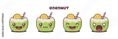 vector green coconut cartoon illustration  with different facial expressions