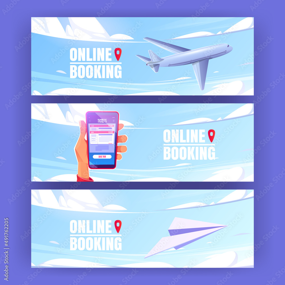 Online booking posters with plane and mobile phone with app for buy tickets. Vector banners of internet service for book journey with cartoon illustration of airplane in blue sky and smartphone