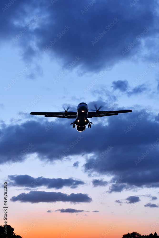 A plane landing at sunset