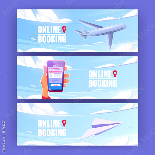 Online booking posters with plane and mobile phone with app for buy tickets. Vector banners of internet service for book journey with cartoon illustration of airplane in blue sky and smartphone