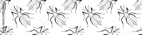 Vector seamless pattern of black outline mosquitos, moths, midges in doodle sketch style. Simple texture with insects, bloodsuckers, pests