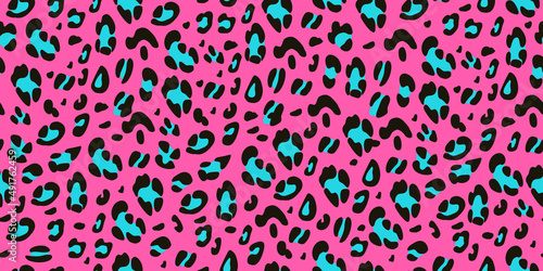 Leopard pink, black and blue seamless pattern. Animalistic hand-drawn background. Vector illustration