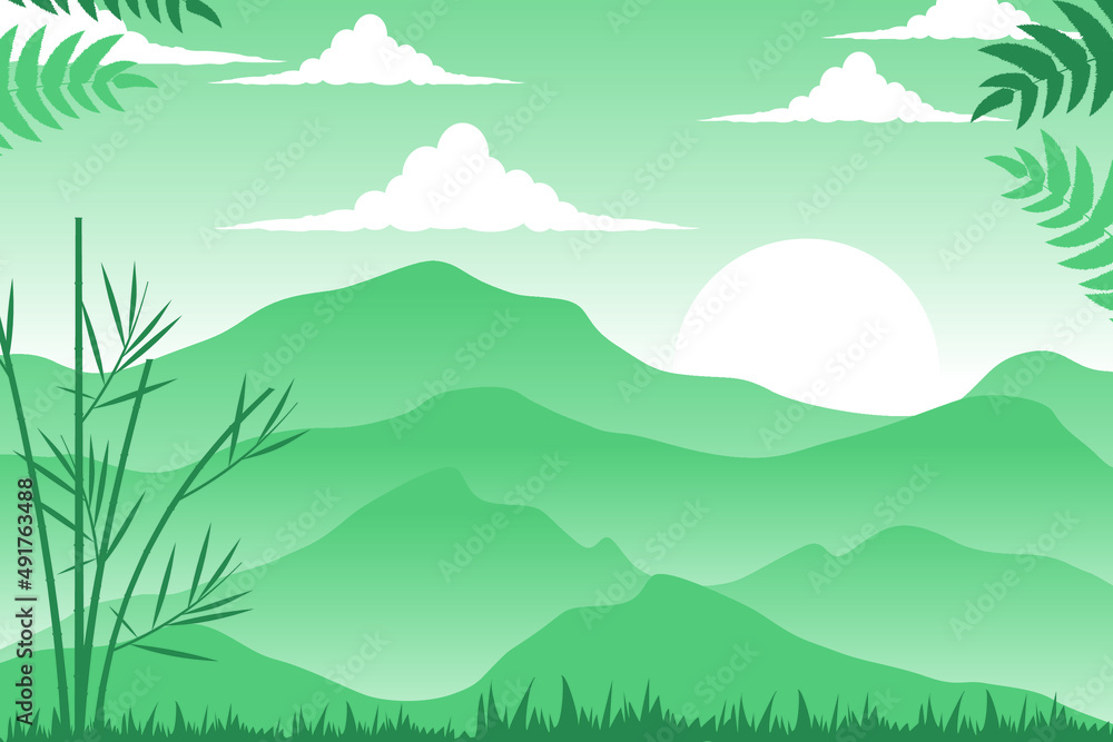 Obraz premium The beauty of the sunrise with the silhouette of bamboo trees and mountains 