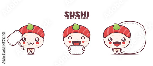 Vector nigiri sushi, japanese traditional food, with blank board banner