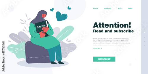 Happy Arabic woman hugging Quran. Muslim female character sitting and holding religious book flat vector illustration. Religion, Ramadan, Islam concept for banner, website design or landing web page