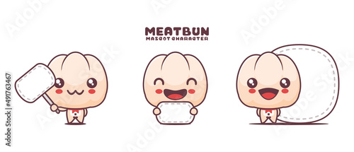 cute Meatbun cartoon vector, with blank board banner