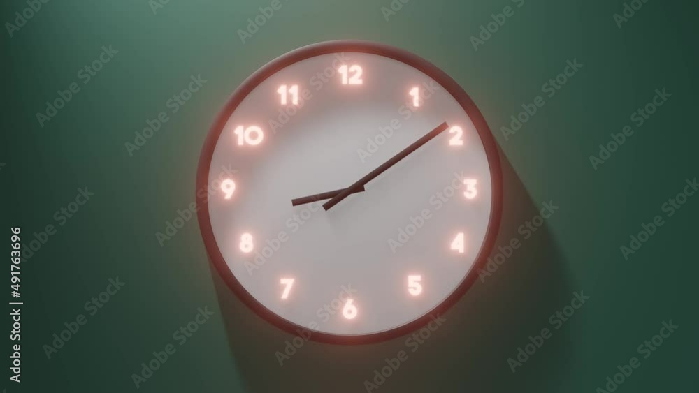 Wall Clock Spinning 24 Hours. Fast forward spinning hour and minute hands on wall clock with glowing numbers. Looping 3D render animation. Wall Clock Spinning 24 Hours. Fast forward spinning hour and minute hands on wall clock with glowing numbers. Looping 3D render animation.