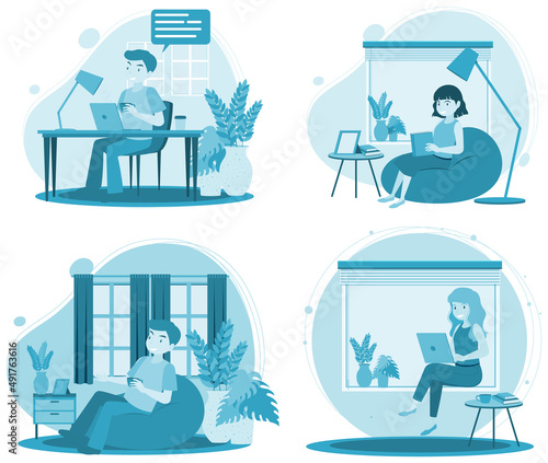 People working at coworking space simple flat design