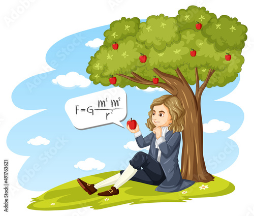 Isaac Newton sitting under apple tree