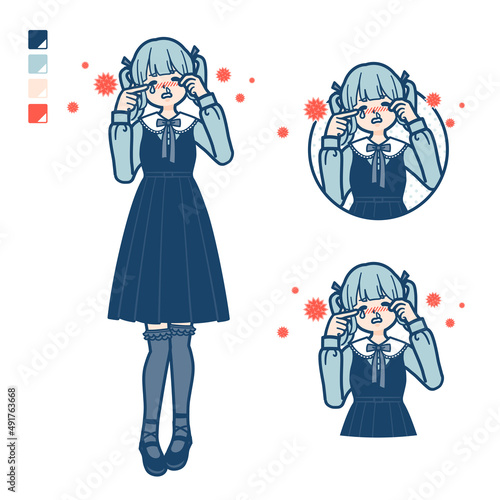ゴスロリ衣装を着た若い女性が花粉アレルギーに苦しんでいるイラスト