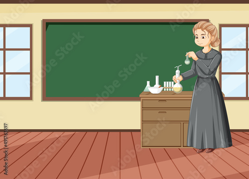 Portrait of Marie Curie in cartoon style