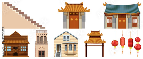 Different designs of buildings on white background