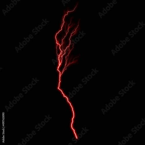 abstract dark red lighting natural thunder realistic magic overlay bright glowing effect on black. © Visualism