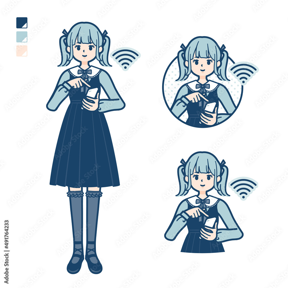 ゴスロリ衣装を着た若い女性がスマートフォンを操作しているイラスト ゴスロリ衣装を着た若い女性がスマートフォンを操作しているイラスト