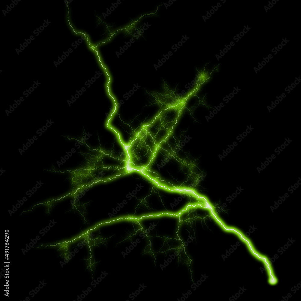abstract light green lighting natural thunder realistic magic overlay bright glowing effect on black.