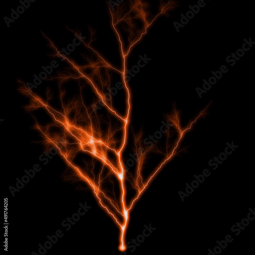 abstract dark orange lighting natural thunder realistic magic overlay bright glowing effect on black.
