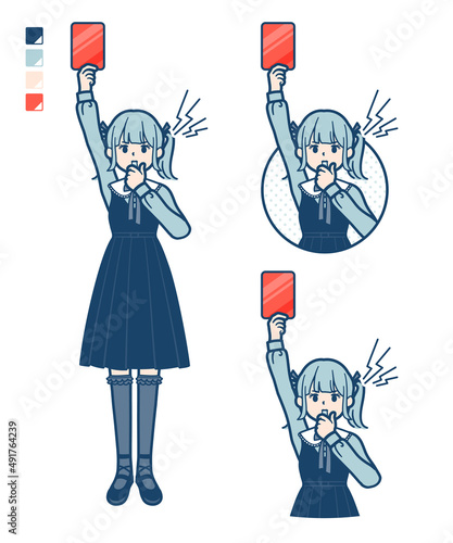 ゴスロリ衣装を着た若い女性がレッドカードを差し出しているイラスト