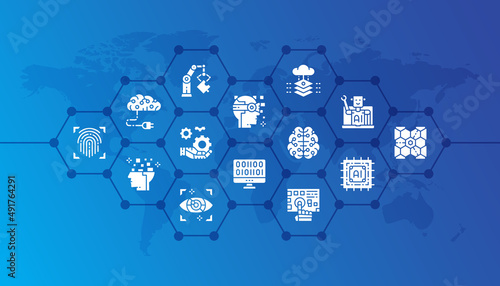Artificial Intelligence flat design concept illustration. Robotics, Chatbot, Database, Big Data for website banner and landing page.