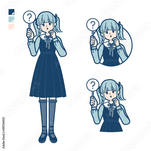 ゴスロリ衣装を着た若い女性がクエスチョン印パネルを出すイラスト