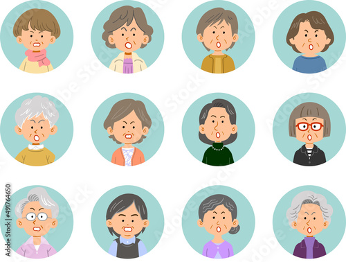 12人のシニアの女性の怒りの表情のアイコン
