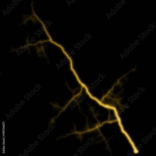 abstract gold yellow lighting natural thunder realistic magic overlay bright glowing effect on black.
