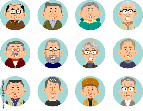 12人のシニアの男性の困惑の表情のアイコン
