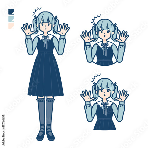 ゴスロリ衣装を着た若い女性が驚いているイラスト