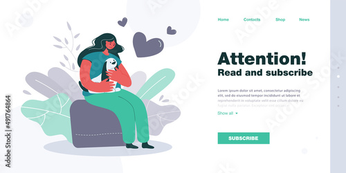 Happy cartoon girl hugging cute puppy. Dog sitting on lap of female owner flat vector illustration. Pets, love, care, domestic animals concept for banner, website design or landing web page