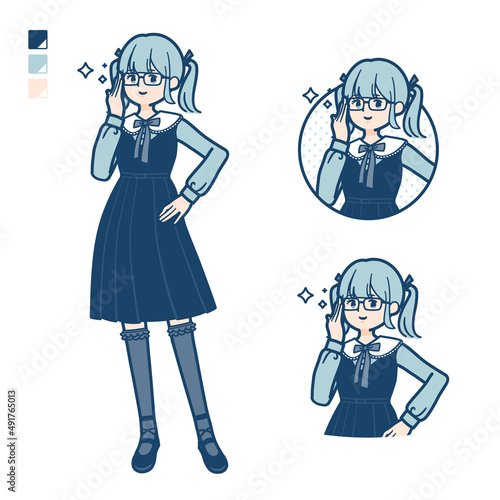 ゴスロリ衣装を着た若い女性が眼鏡をクイっとしているイラスト