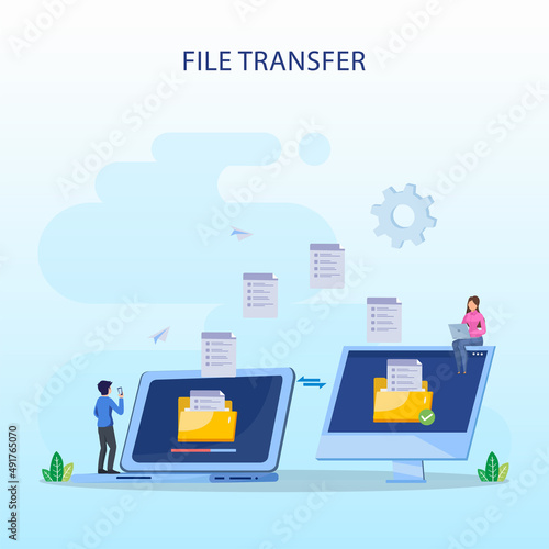 file transfer concept, backup data, technology cloud, upload and download, Flat vector template