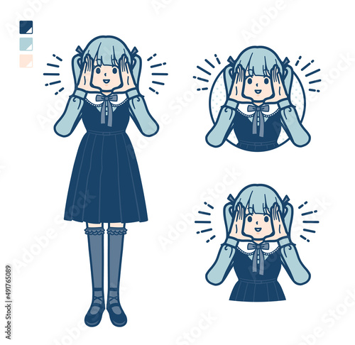 ゴスロリ衣装を着た若い女性が大声で呼びかけているイラスト