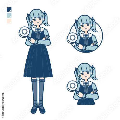 ゴスロリ衣装を着た若い女性が回答を考えるイラスト