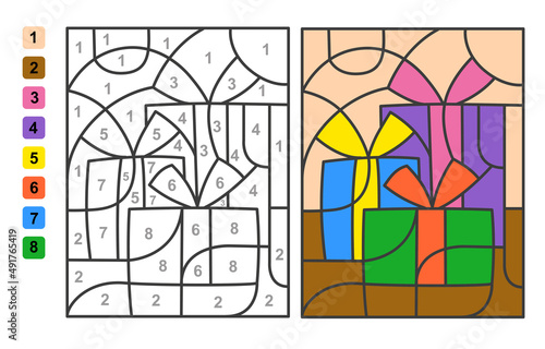 Merry Christmas. Color by numbers. Puzzle game for children education, colors for drawing and learning mathematics