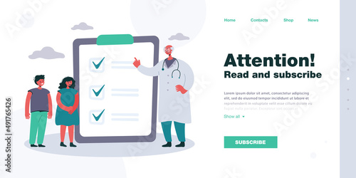 Elderly doctor and kids next to list of recommendations. Medical professional prescribing medication for children flat vector illustration. Health, pediatrics concept for banner or landing web page